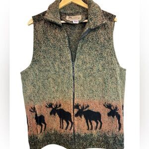 Vintage Bear Ridge Fleece Vest Zipup Brown Moose Print Size XL Unisex Cottagecor